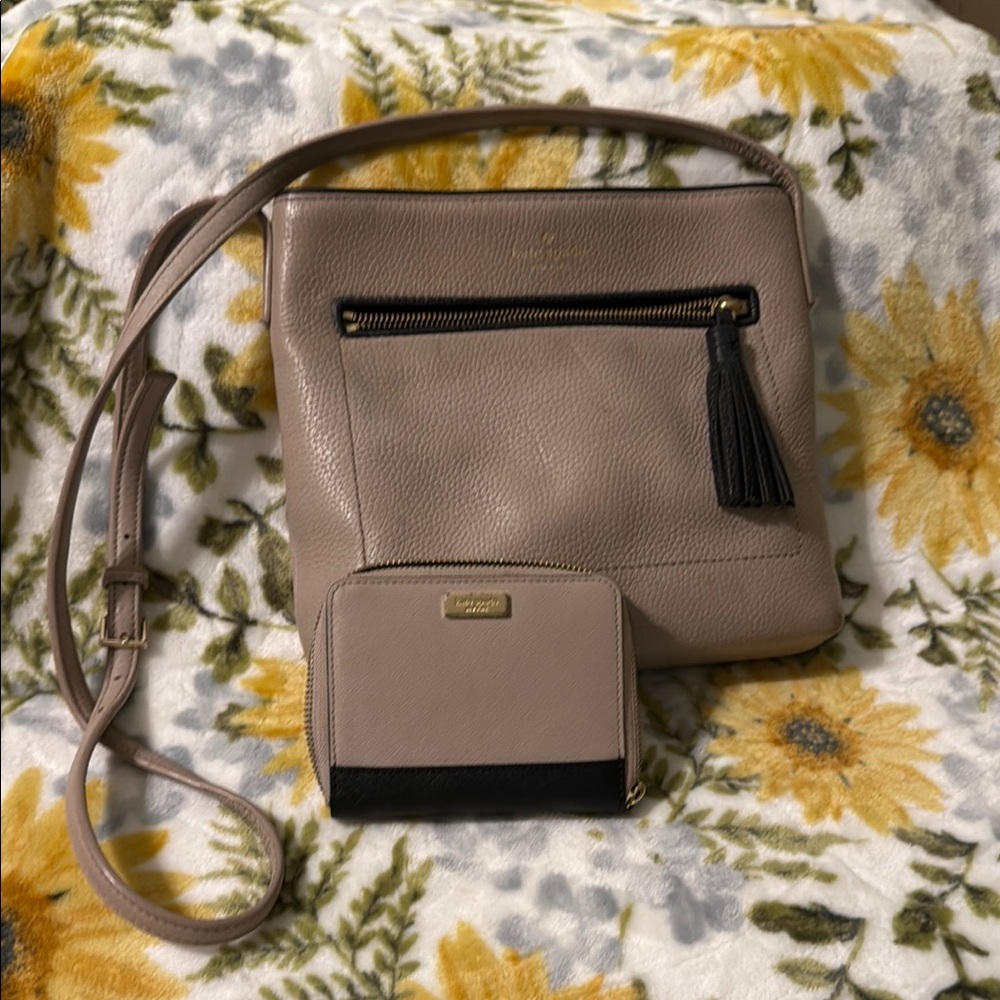 Kate Spade Tan and Black Crossbody Bag with matching wallet .